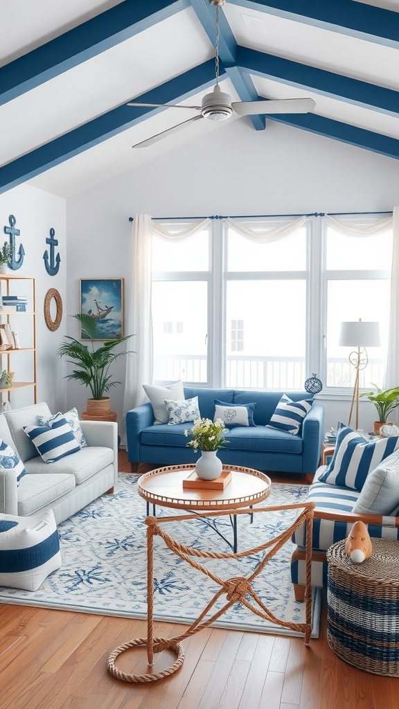 A bright and airy living room with blue and white decor featuring nautical accents like rope and anchor motifs.