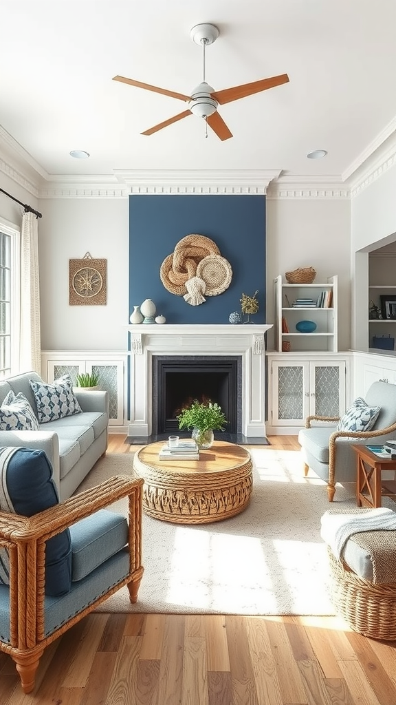 A living room with nautical elements, featuring blue tones, woven furniture, and coastal decor.