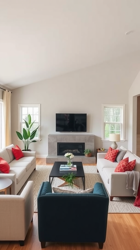 A modern ranch-style living room featuring neutral tones with red accents and natural light.