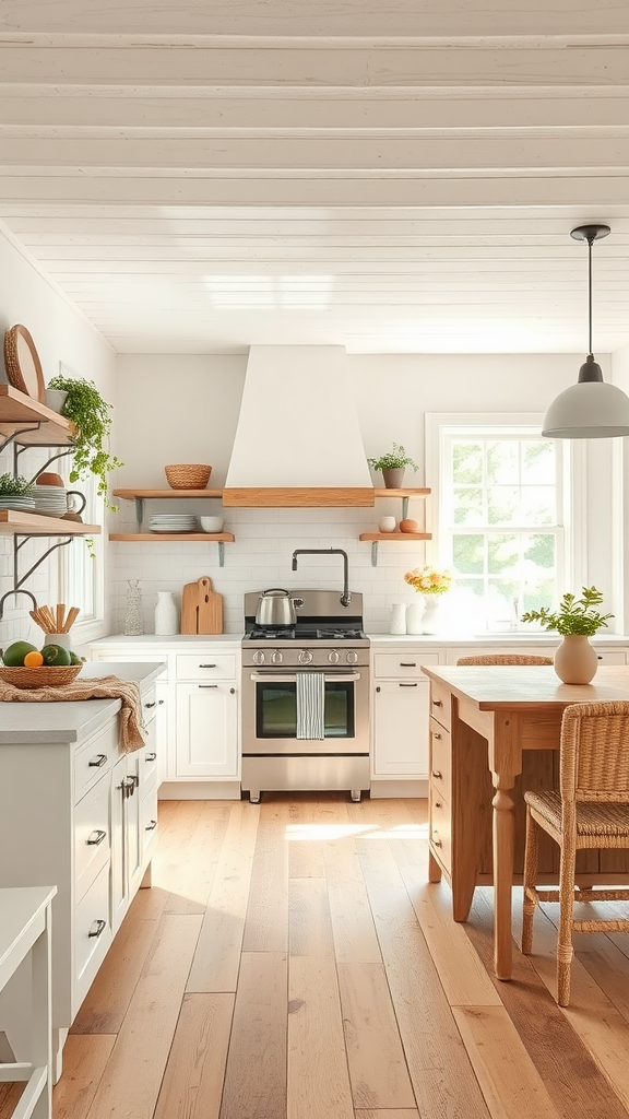 Rustic farmhouse kitchen featuring a neutral color palette with white cabinetry, wooden accents, and natural light.