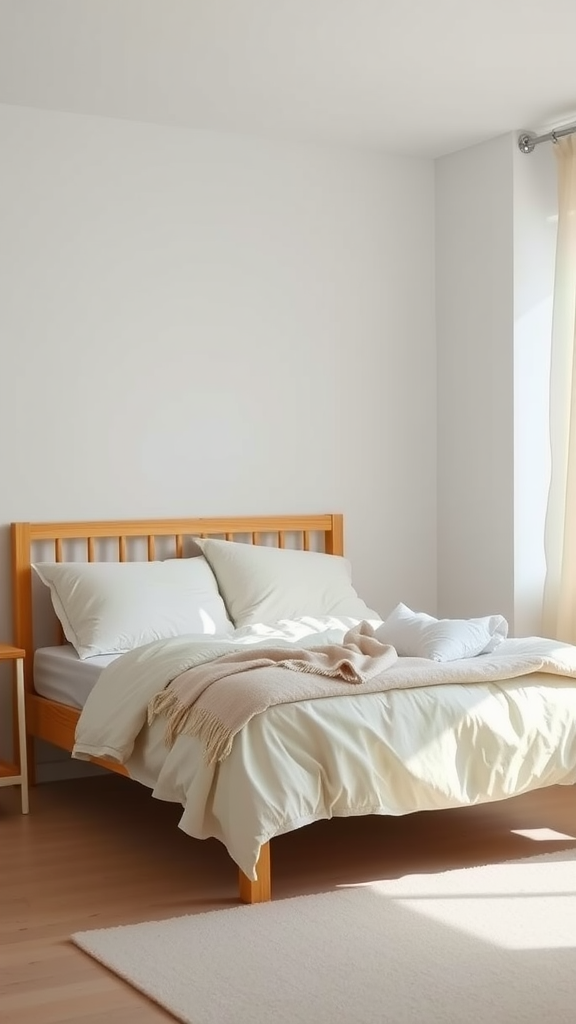 A minimalist dorm room with a neutral color palette, featuring a wooden bed, soft bedding, and natural light.