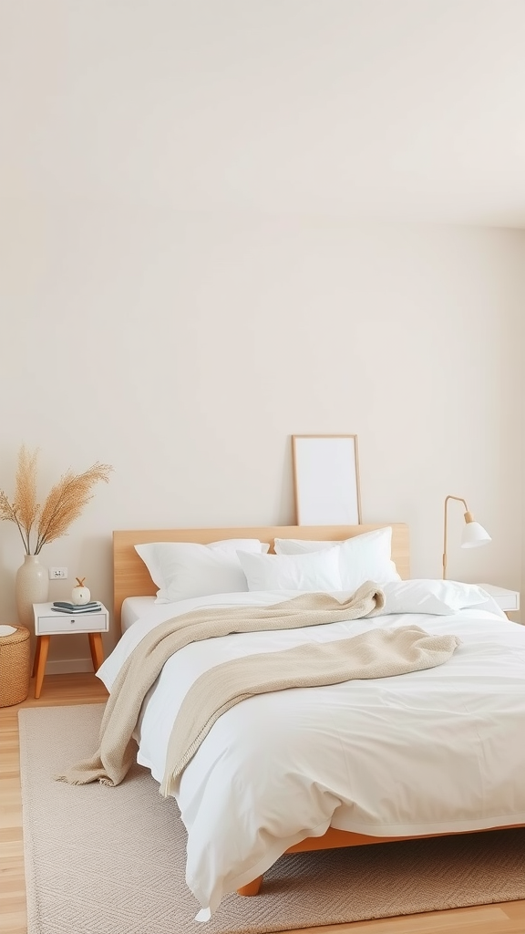 A minimalist bedroom featuring neutral colors, a wooden bed, and a cozy blanket.