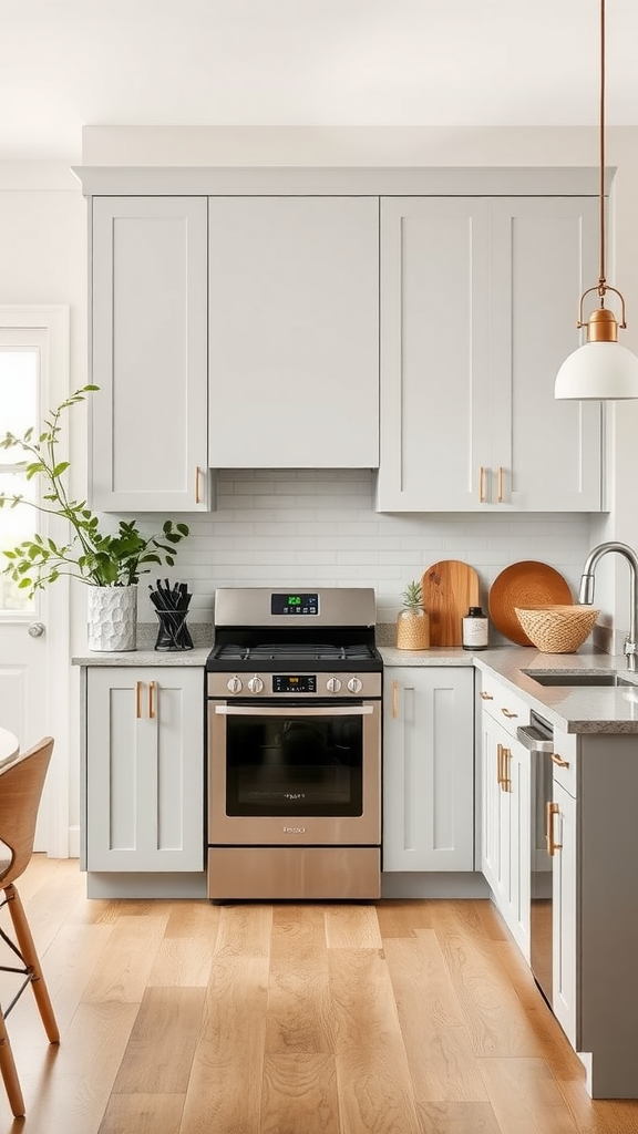 A modern kitchen with light gray cabinets and wooden accents.