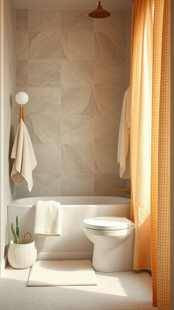 A warm-toned bathroom featuring neutral textured fabrics, including towels and a bath mat, creating a cozy atmosphere.