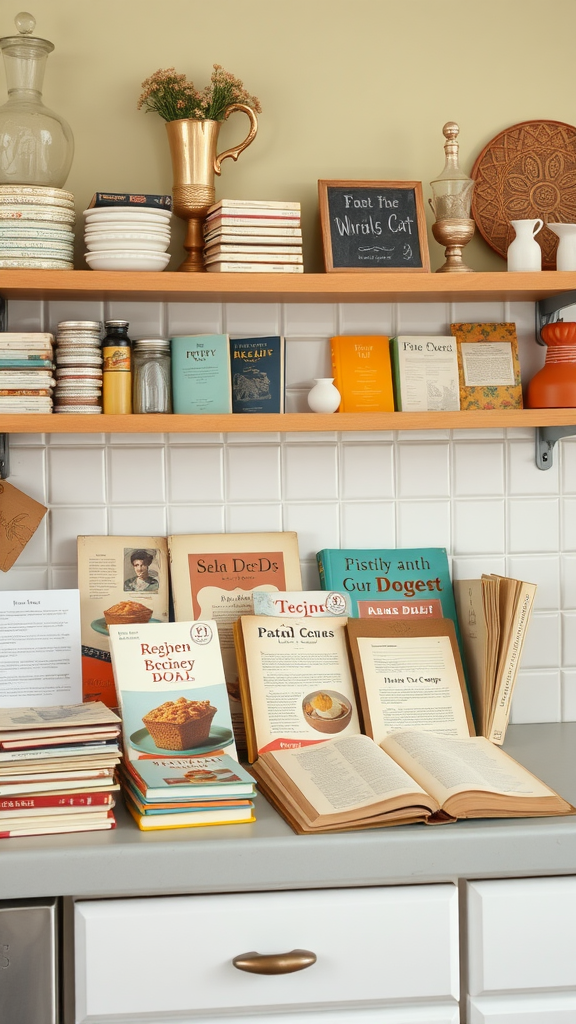 A collection of vintage cookbooks and recipe cards on a kitchen counter.