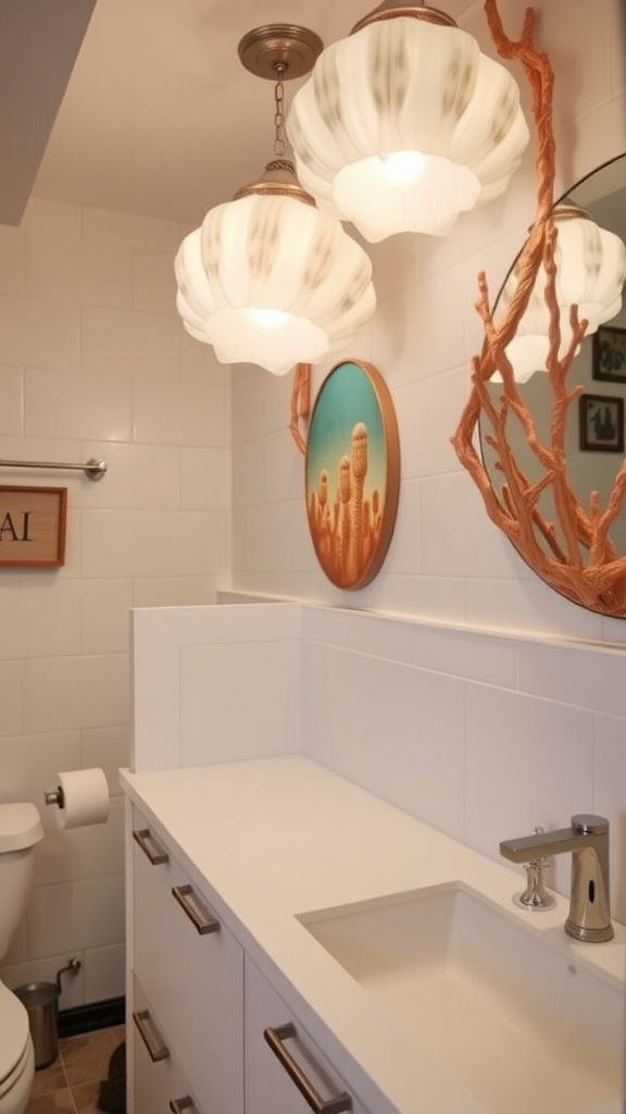 Decorative ocean-inspired lighting fixtures in a tropical bathroom.