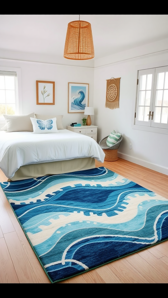 A cozy bedroom featuring an ocean-inspired rug with blue wave patterns.