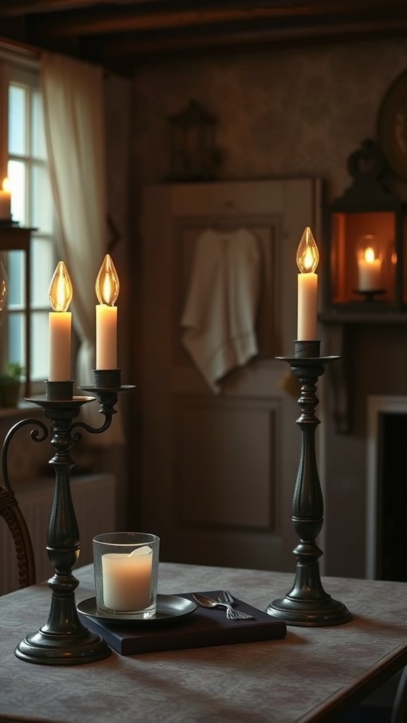 A table with vintage candle holders and a glowing candle in a glass.