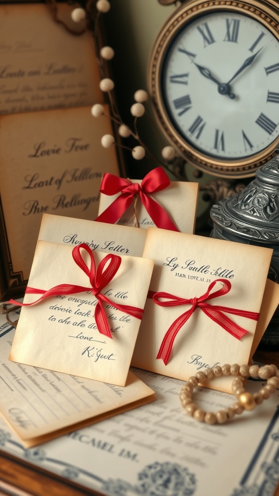 A collection of vintage love letters tied with red ribbons, surrounded by decorative elements.