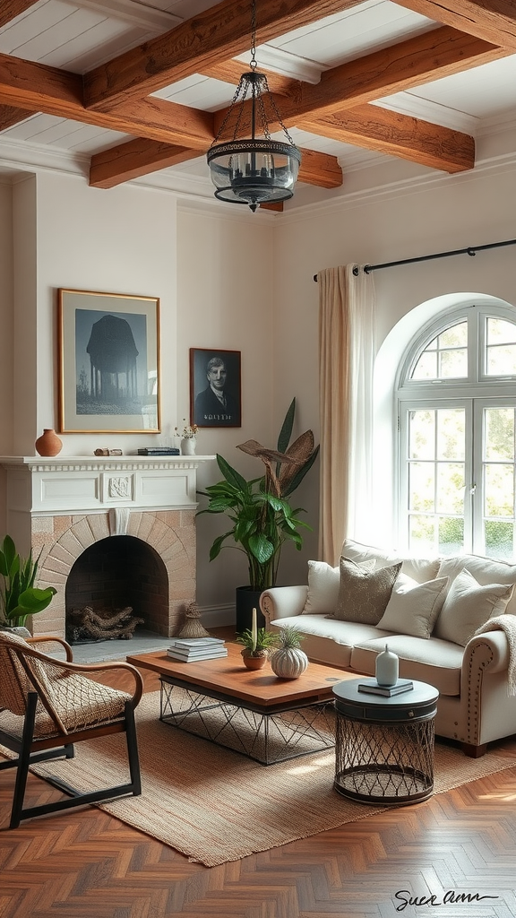 A cozy living room with wooden beams, classic furniture, and modern decor elements.