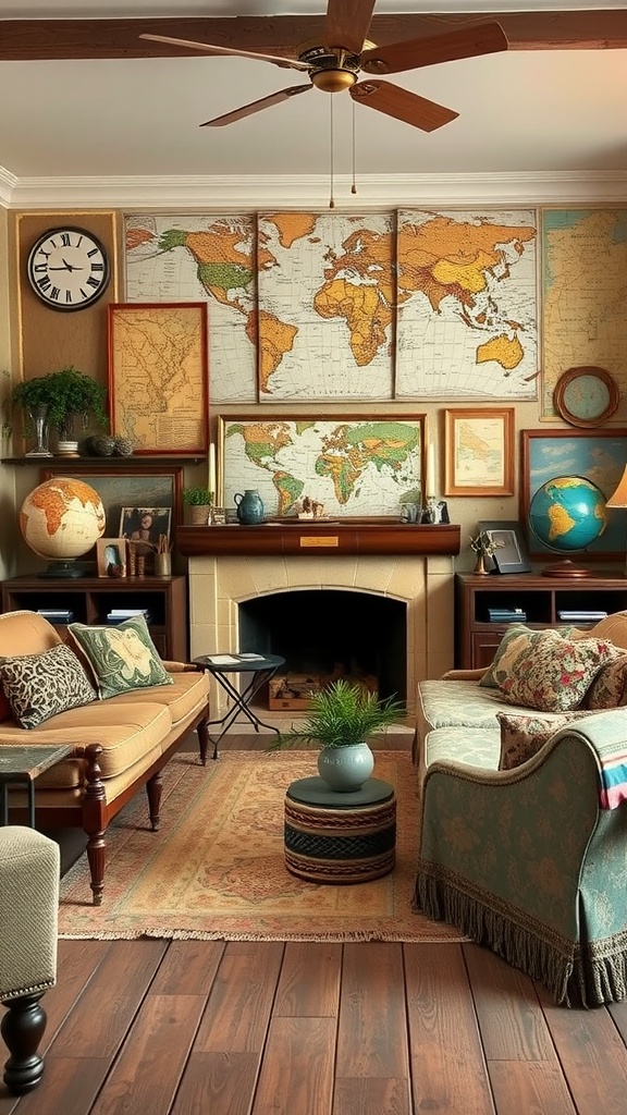 A cozy room featuring old world maps and globes as decor elements.