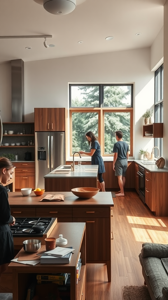 A bright open-concept kitchen with people cooking and interacting