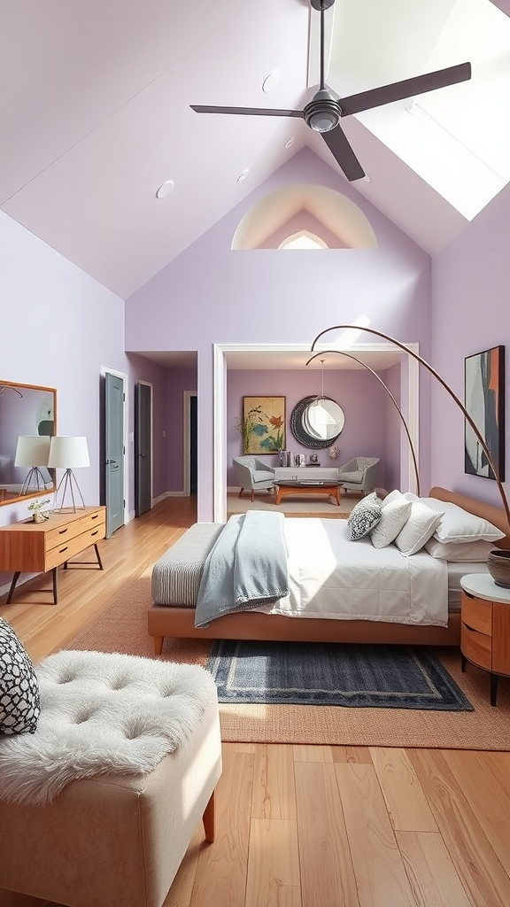 A modern bedroom with an open concept design featuring light purple walls and wooden furniture.