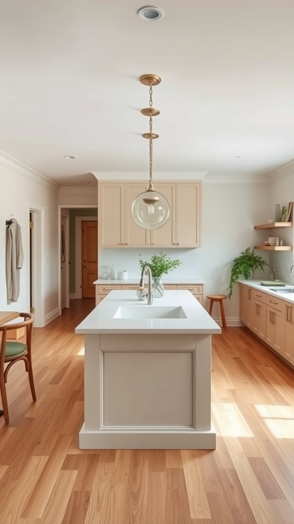 Bright open concept kitchen featuring a farmhouse sink and wooden floors.