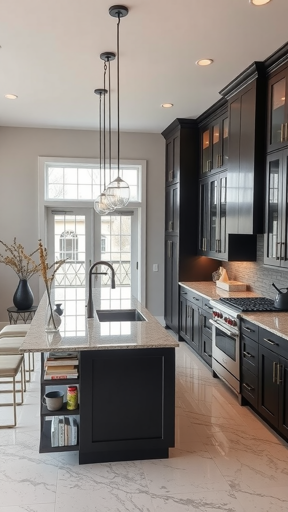 Modern kitchen with espresso cabinets in an open concept layout