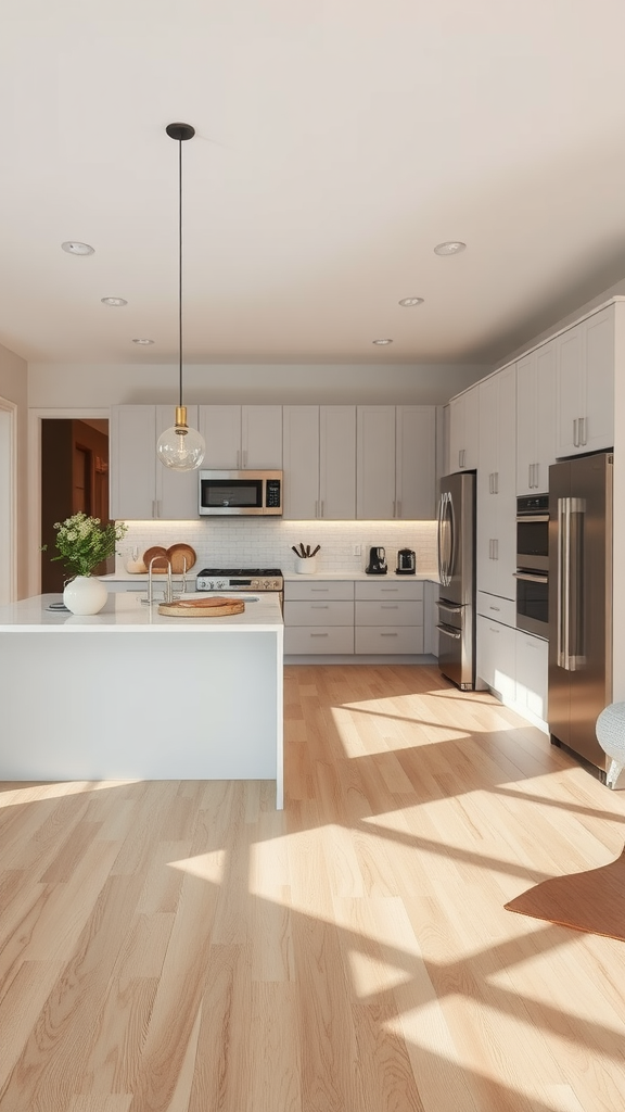 A modern kitchen with light gray cabinets, a large island, and natural light.