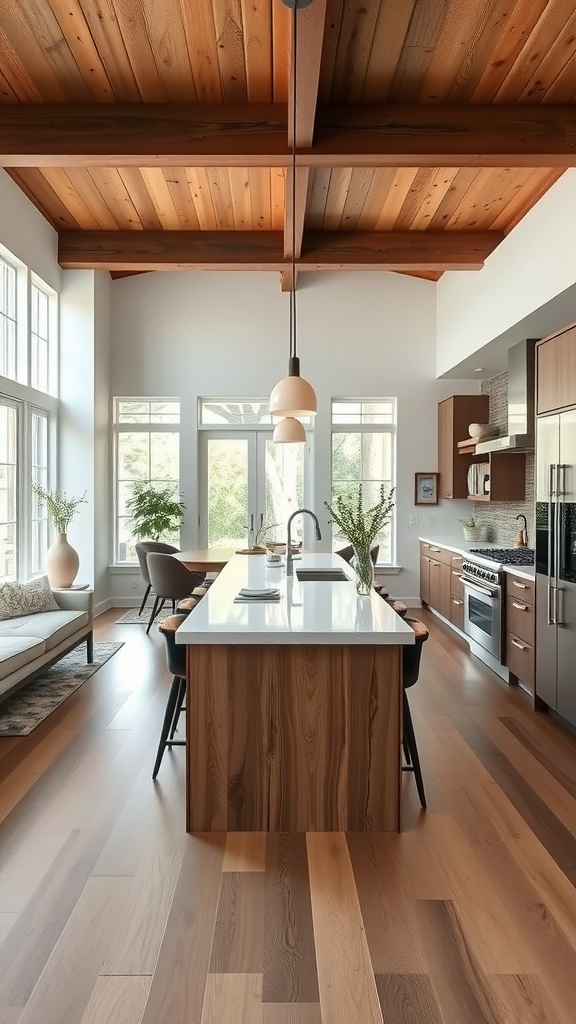 A modern kitchen with a narrow island, large windows, and wooden beams.