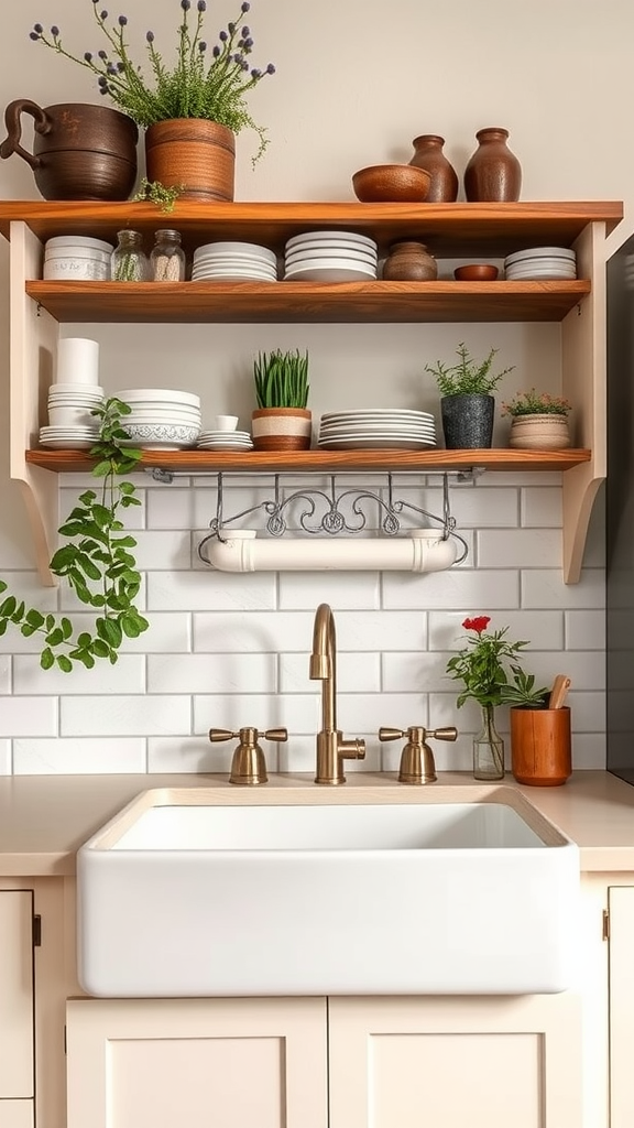 A farmhouse kitchen sink with open shelving above, featuring plants and dishware.