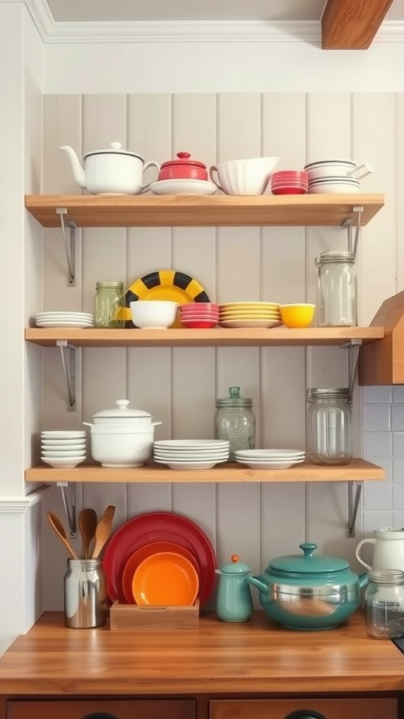 Open shelving in a rustic farmhouse kitchen displaying colorful dishes and teapots.