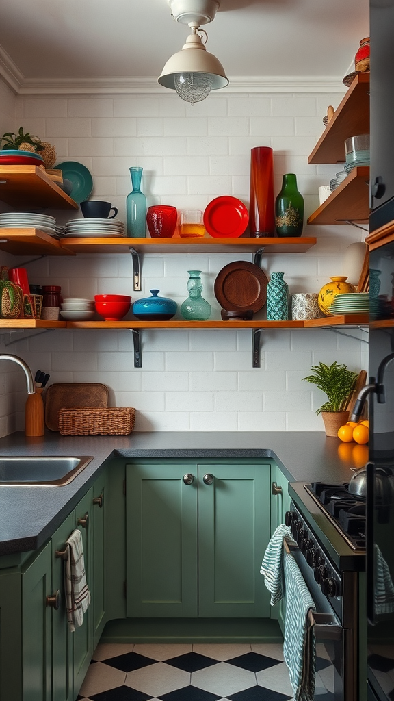 A cozy kitchen with open shelving displaying colorful dishes and decorative items.