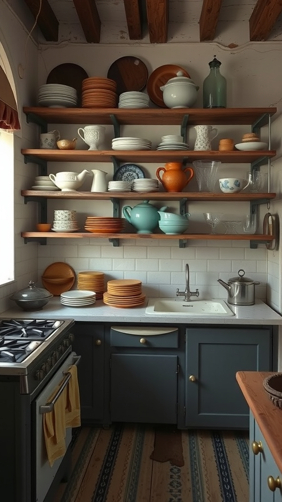 An old-world kitchen design featuring open shelving with various dishware displayed.