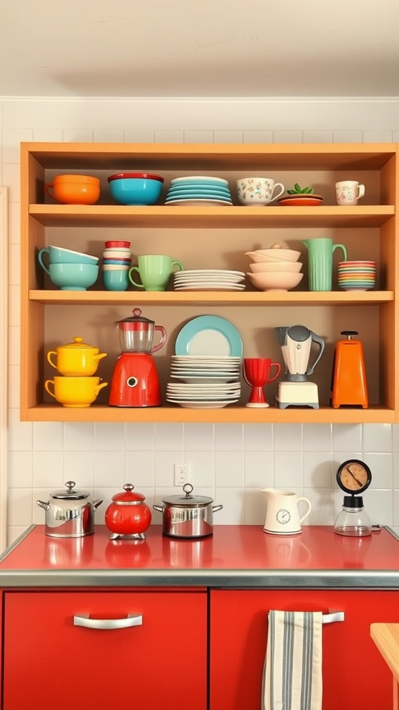 Brightly colored dishware displayed on open shelves in a 1950s style kitchen.