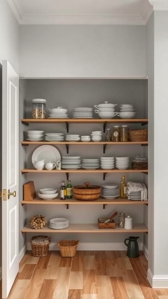 A well-organized corner kitchen pantry with open wooden shelves displaying various dishes and kitchen items.