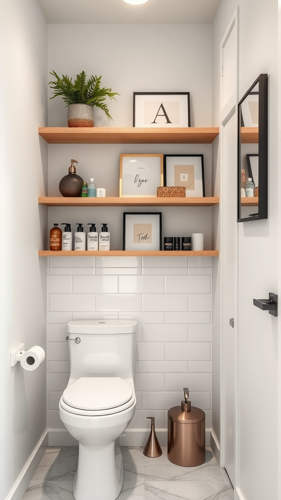 Modern small bathroom featuring open shelving with plants and decor