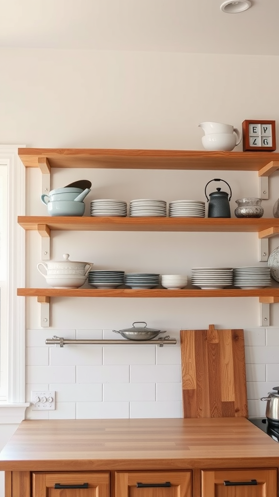 Open shelving made of hickory wood showcasing dishes and kitchenware.