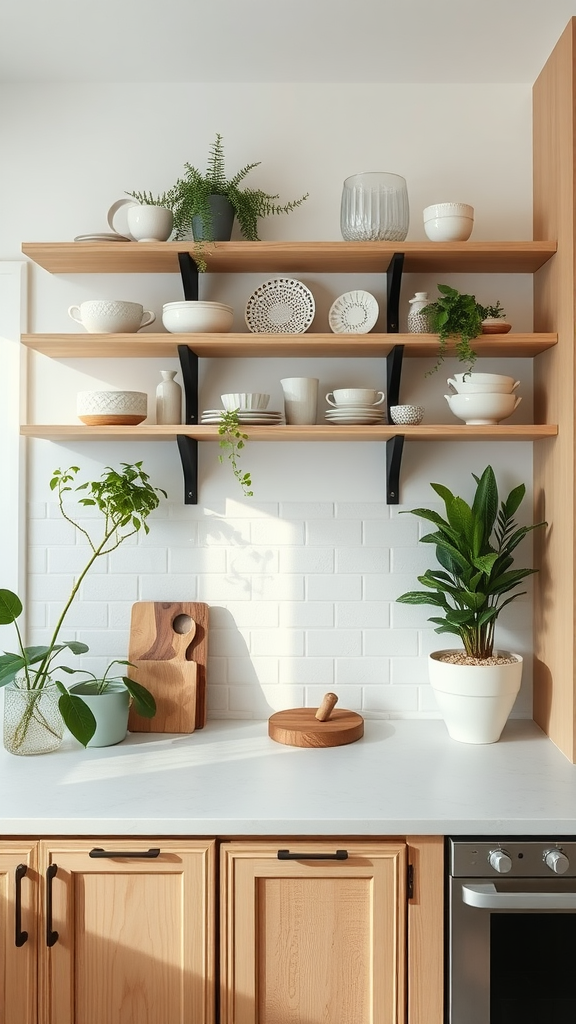 Open shelving made of white oak displaying various dishes and plants in a kitchen