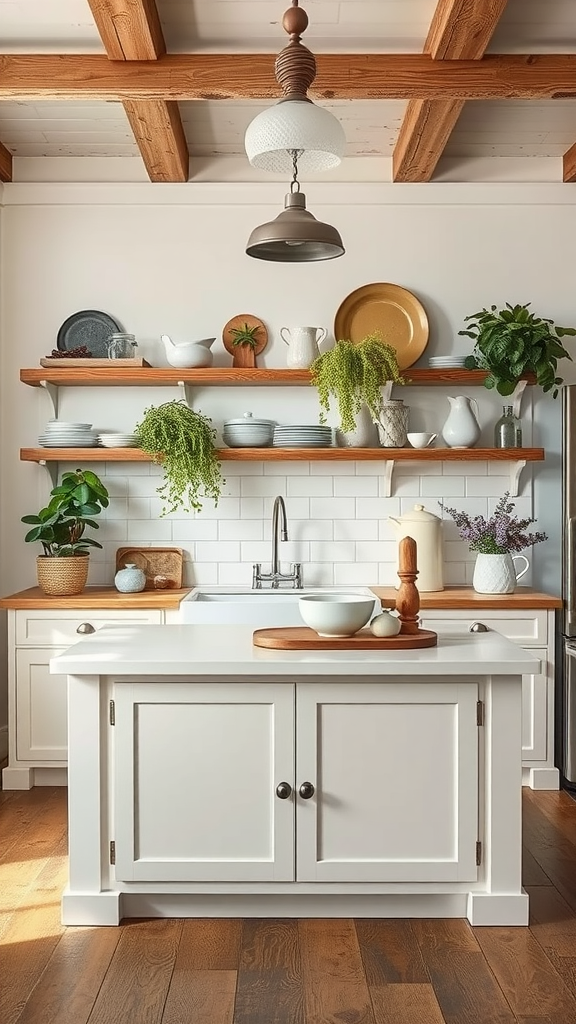 A farmhouse kitchen island featuring open shelving displaying various dishes and plants.