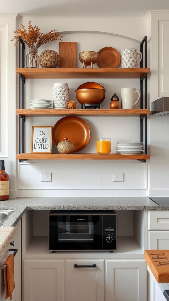 Open kitchen shelving with brown accents, showcasing various dishes and decor items.