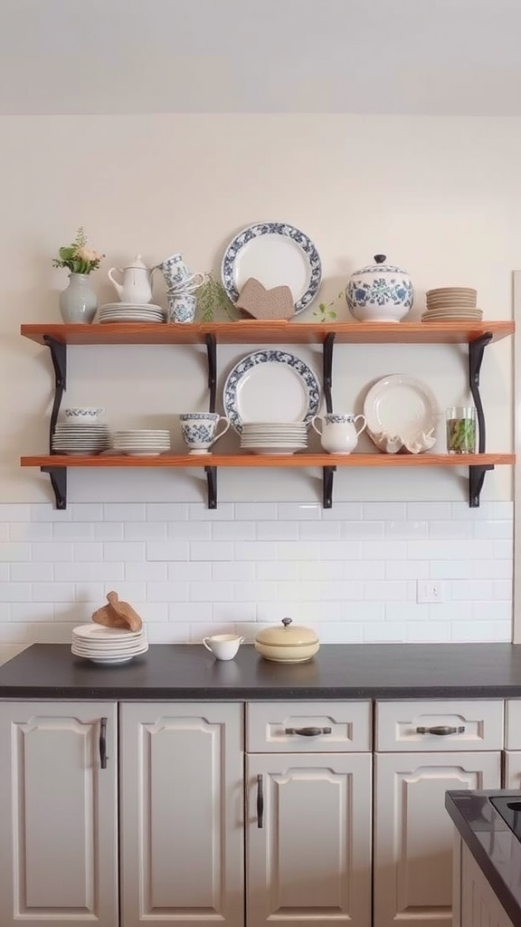 A kitchen with light gray cabinets and open wooden shelves displaying dinnerware and plants.