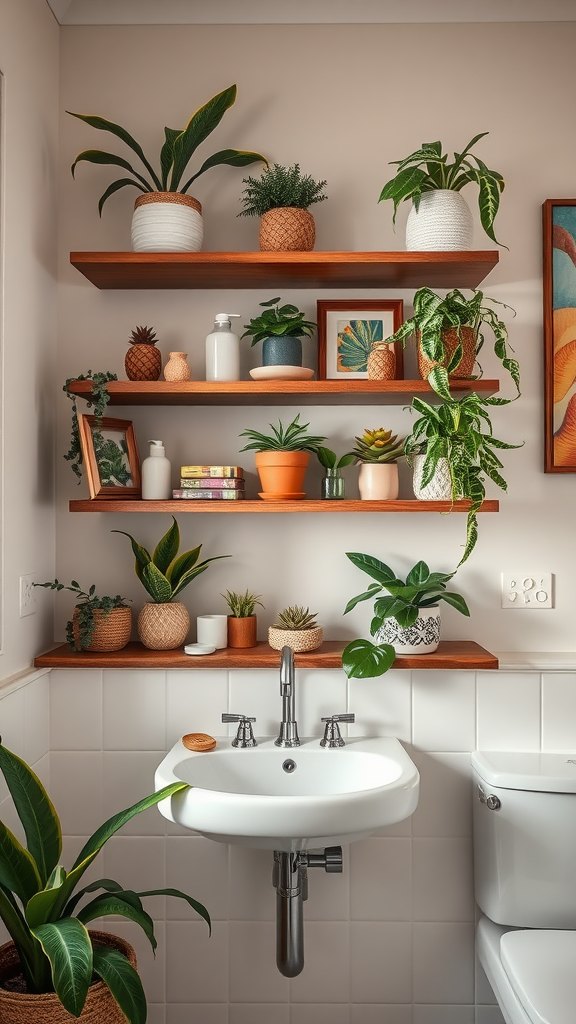 A cozy bathroom with open shelving displaying various plants and decor items.