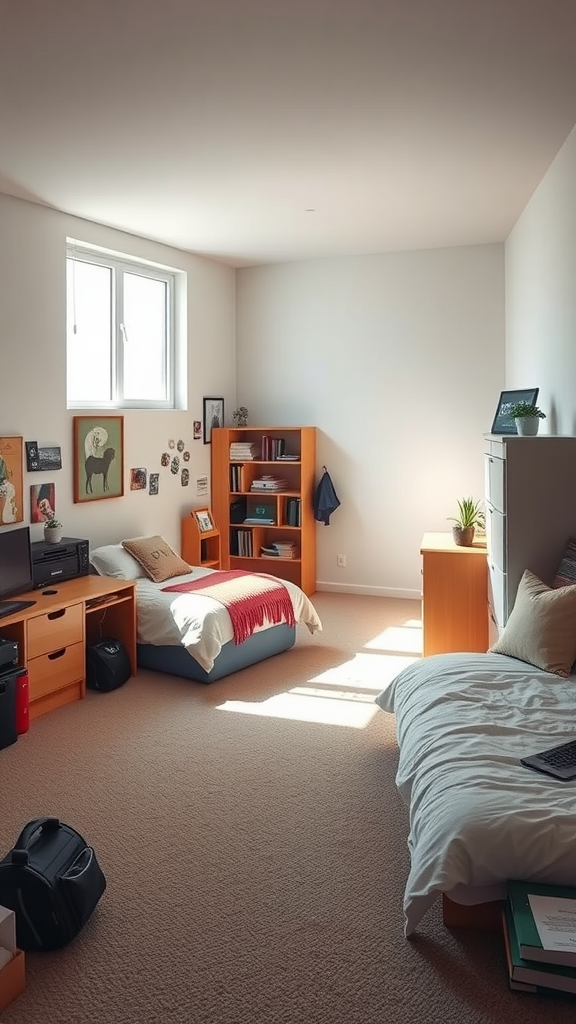 A minimalist dorm room with an open layout, featuring two beds, wooden furniture, and ample natural light.