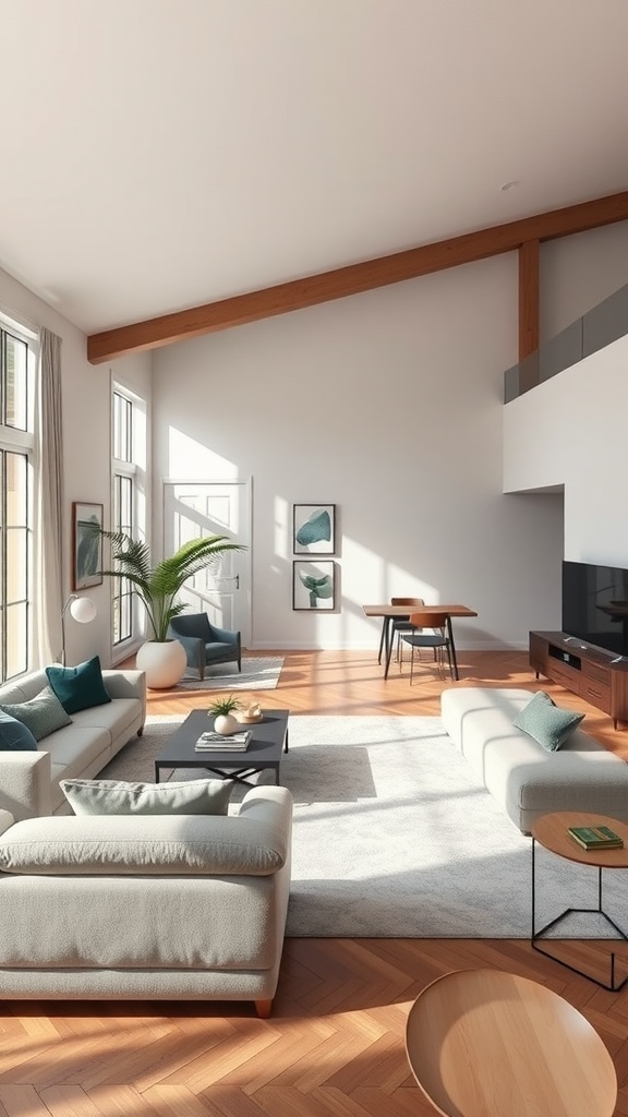 Cozy modern living room with open space layout, featuring large windows and light wood accents.