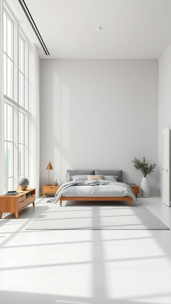 Minimalist bedroom with open space and light color palette.