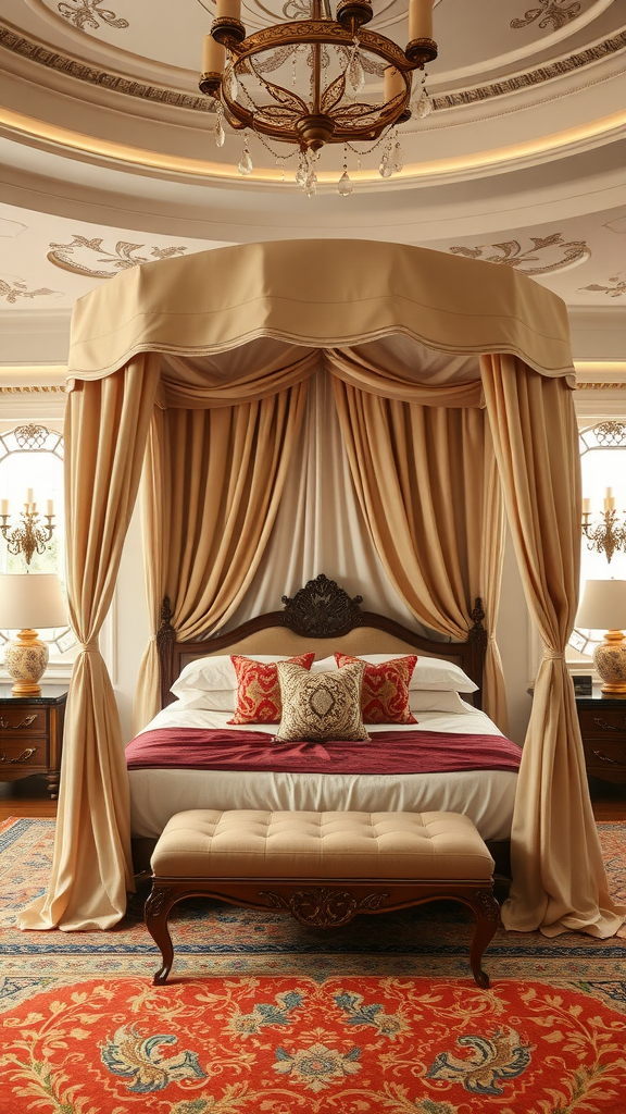 Elegant master bedroom featuring a luxurious canopy bed with rich fabrics and detailed decor.