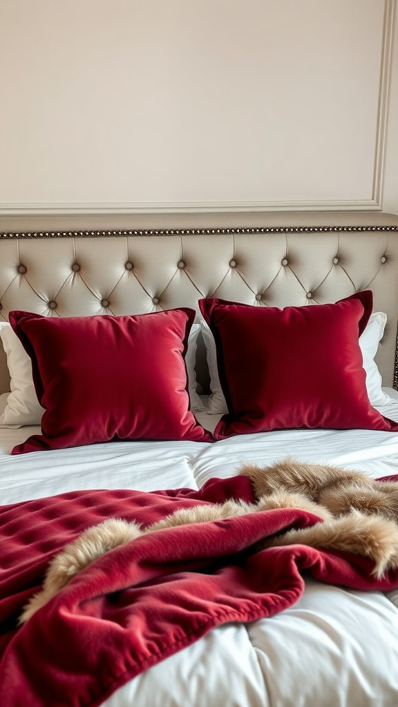 Luxury burgundy bedroom decor with plush pillows and warm throws