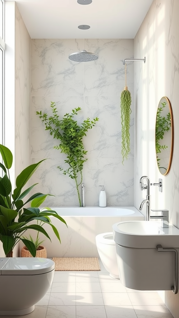 A modern luxury bathroom with plants, natural light, and a sleek design.