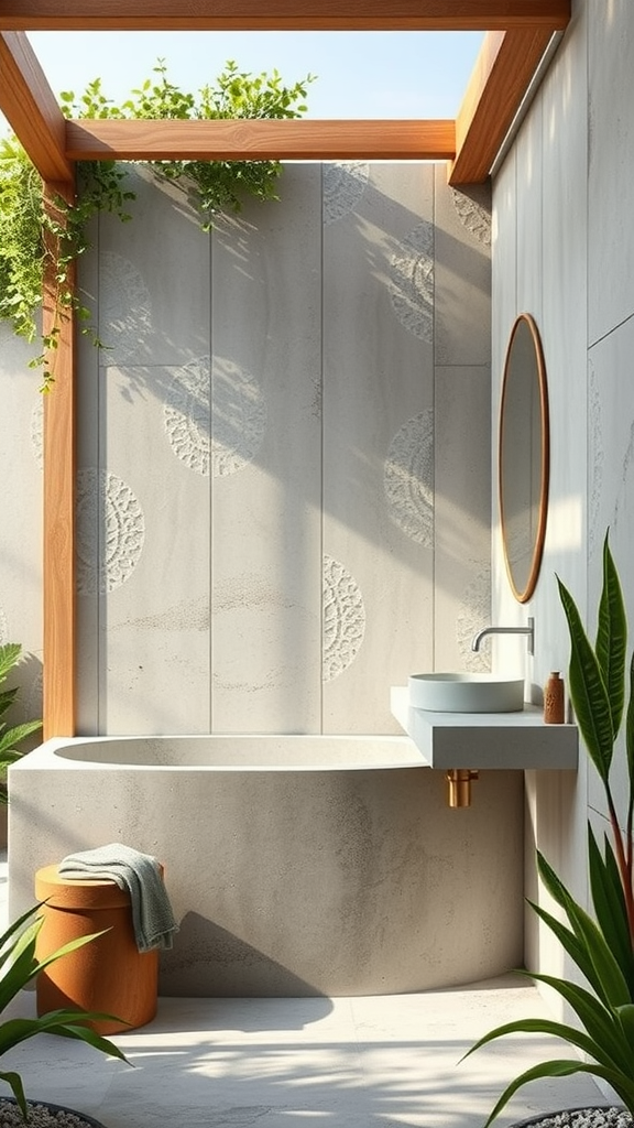 A modern bathroom featuring microcement walls, a circular mirror, and natural greenery.