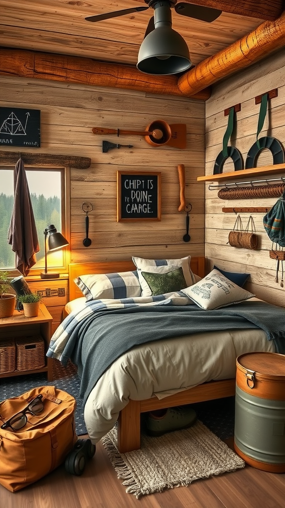 Cozy bedroom with warm colors and adventure theme, featuring a bed with decorative pillows, a window with a scenic view, and a welcoming atmosphere.