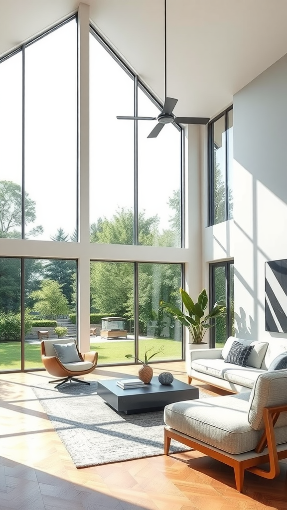 A bright and airy living room with large windows overlooking a garden.