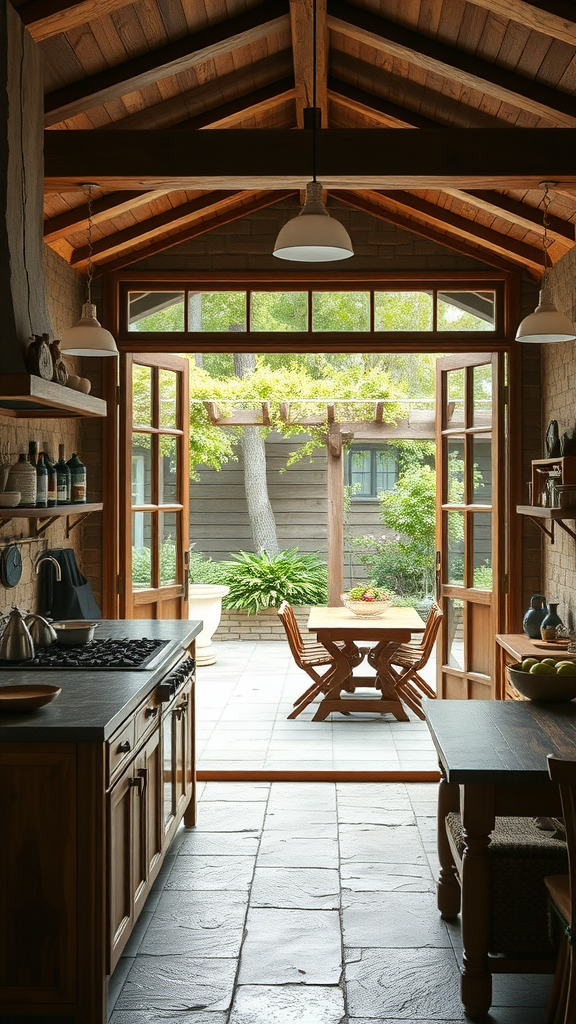 A rustic farmhouse kitchen with large windows leading to an outdoor dining area.