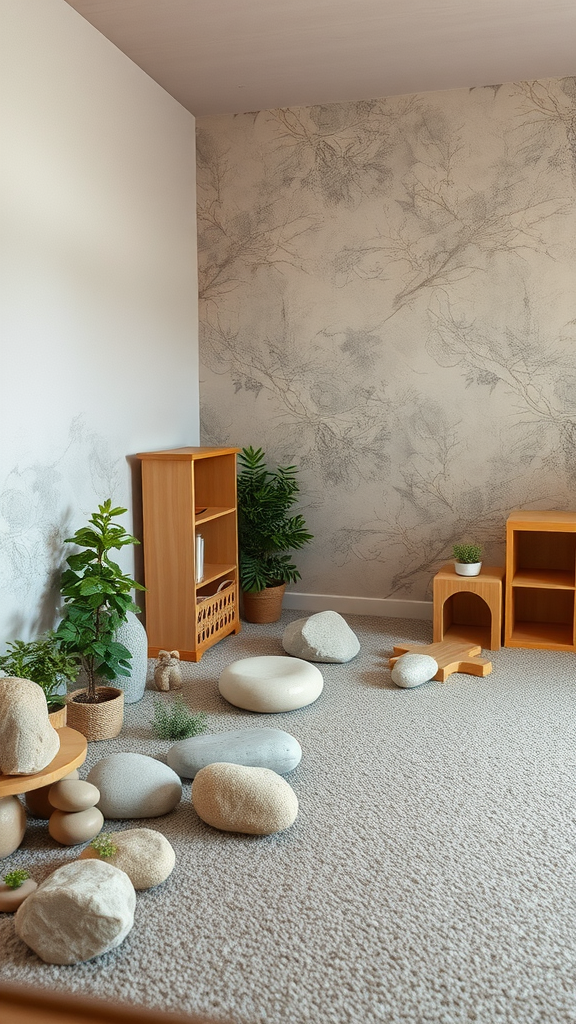 A nature-inspired playroom featuring wooden furniture, pebbles, and plants.