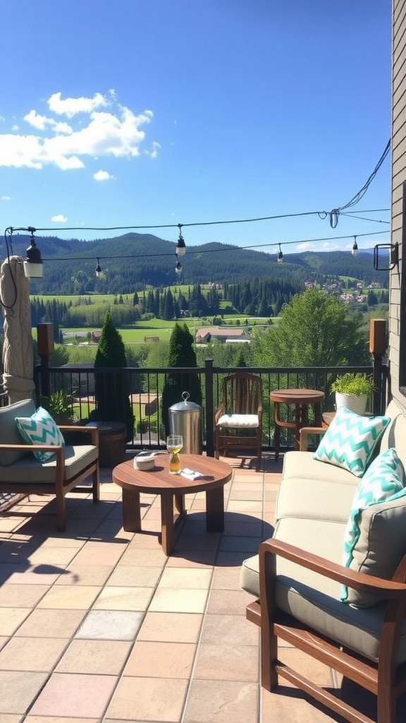 A cozy outdoor patio with soft seating, a small table, and beautiful mountain views.