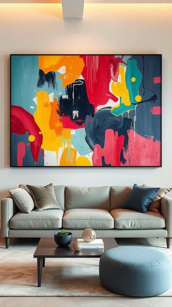 A large, colorful abstract painting hanging above a modern couch, showcasing bold colors and dynamic shapes.