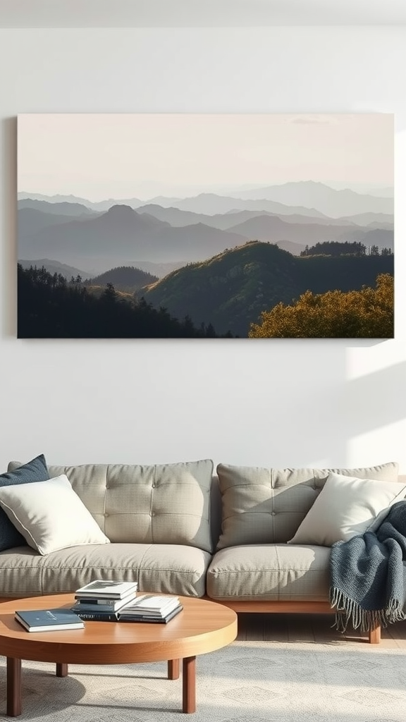 A large canvas print of a mountain landscape hanging above a modern couch in a living room.