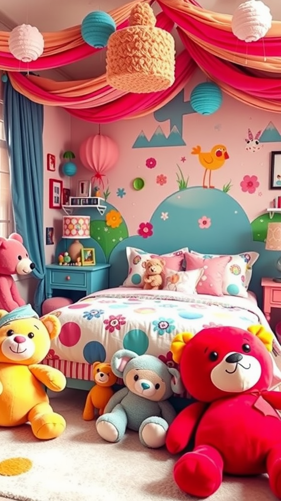 A colorful bedroom with oversized plush toys, including a red bear and an orange bear, surrounded by bright decor.