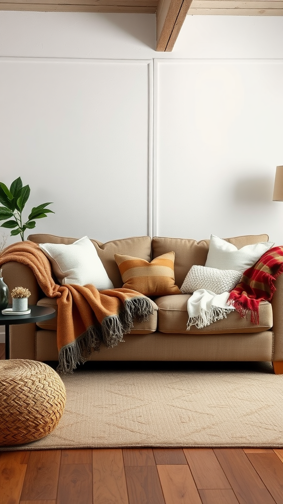 Cozy living room featuring an overstuffed sofa adorned with warm throws and pillows.